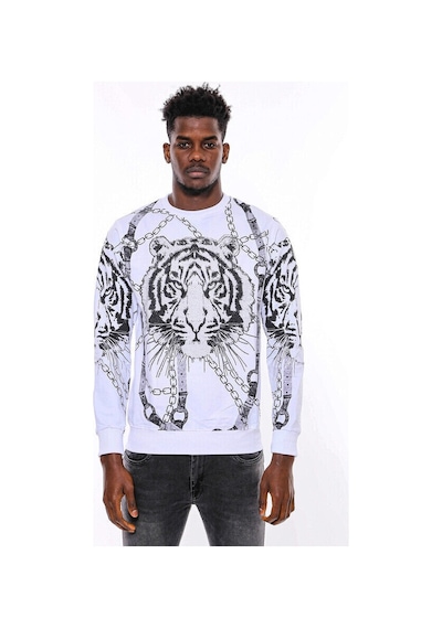 Wessi Beyaz Baskılı Ve Taşlı Bisiklet Yaka Sweatshirt Beyaz