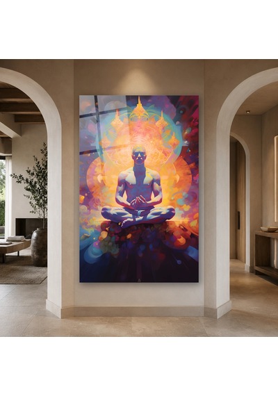 Renkli Aurada Lotus Meditasyonu Çerçevesiz Cam Tablo