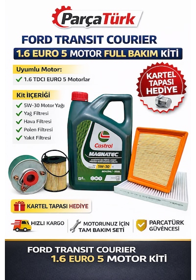 Ford Courier 1.6 Tdci Euro5 Motor Yağ Bakım Seti Castrol+Hava-Yağ F. Polen Mazot 5Li Set