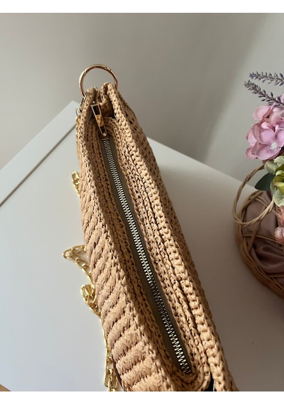 El Yapımı Örgü Kağıt İp Kadın Clutch Çanta Zincir Askılı Bej