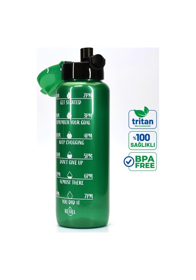 Su Matarası Tritan Geniş Ağız Su Şişesi Motivasyon Spor Matarası Suluğu Bpasız 1000 Ml Yeşil T0103