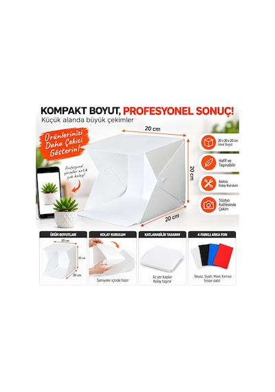 Triline 20x20 Cm Led Işıklı Mini Ürün Fotoğraf Çekim Çadırı 4 Renk Fonlu Taşınabilir Stüdyo Beyaz
