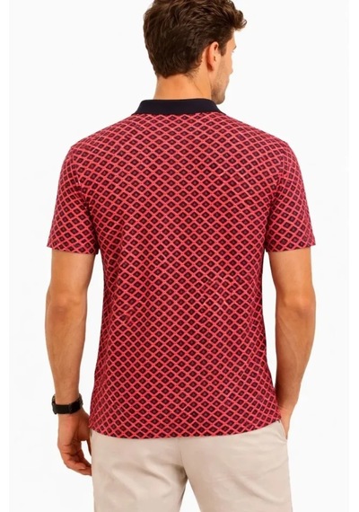 Modi Erkek Pike Kumaş Polo Yaka Desenli Tişört Kısa Kol Yazlık T-shirt - Kırmızı Açık Kırmızı