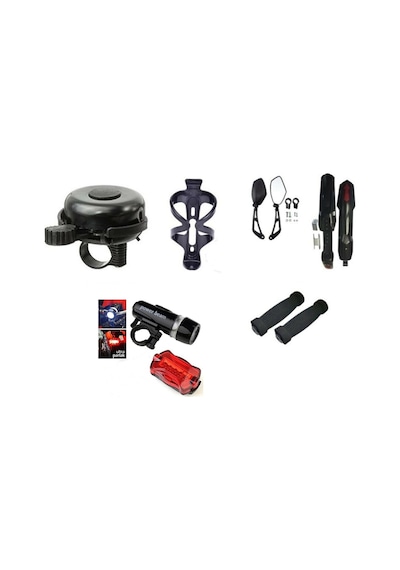 BİSİKLET AYDINLATMA AKSESUAR SETİ JUMBO PAKET ( 7 PARÇA ) Kırmızı  - Siyah