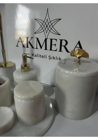 Akmera Elite 7 Parça %100 Gerçek Mermer Banyo Seti Altın - Beyaz