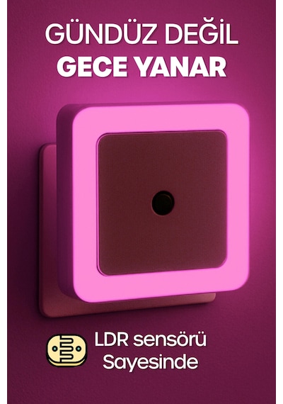Kare Otomatik Gece Lambası Işığa Duyarlı Karanlık Ldr Sensörlü Koridor Pembe Gc02 Pembe