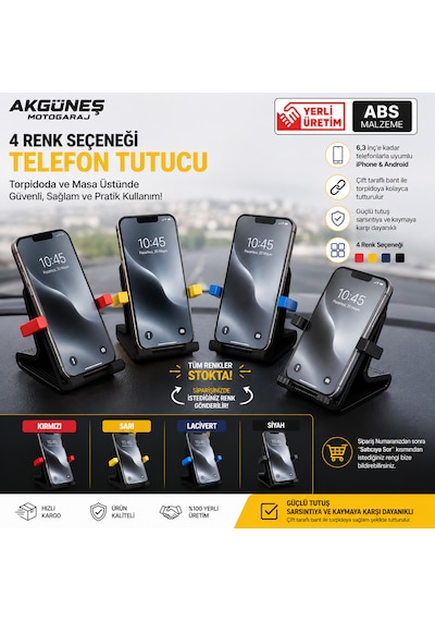 Akgüneş Motogaraj Araç İçi Torpido & Masa Telefon Tutucu 6,3 İnç Uyumlu Abs Masaüstü Telefon Standı Siyah Gri