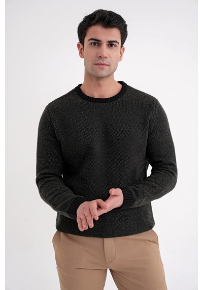 Slim Fit Renkli Ribanalı Siyah Haki Yünlü Bisiklet Yaka Triko Kazak Tr 890 Siyah-haki