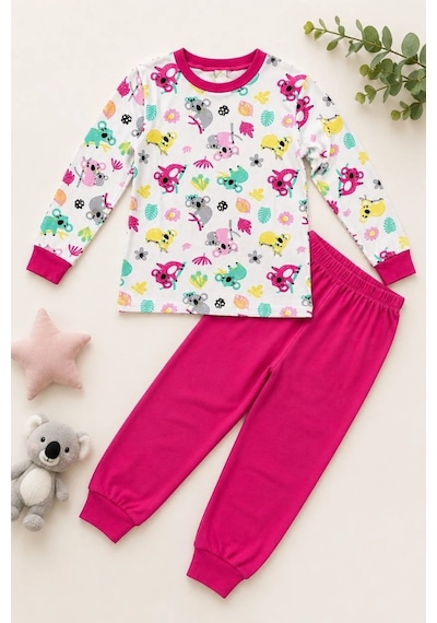 Novalisse Kız Çocuk Premium Penye Koala Desenli Uzun Kollu Pijama Takımı 2-11 Yaş - Fuşya Çoklu Renk