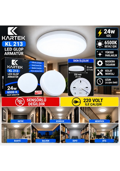 2'li Paket Kartek Kl 213 24w Led Glop Armatür 35 Cm 6500k Beyaz Işık 220v Sensörsüz Sıva Üstü Yuvarlak Tavan Lambası