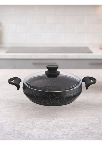 Granit Pro 30 Cm Basık Granit Güveç Tencere Siyah Bakalit Saplı Cam Kapaklı Yapışmaz