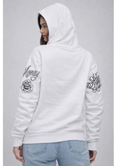 3 İplik Pamuklu Kapüşonlu Baskılı Sweatshirt Hoodie - Beyaz