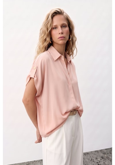 Sateen Kol Detaylı Salaş Gömlek - Pudra-137626