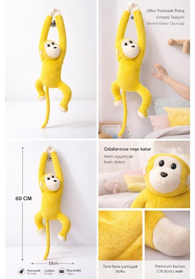 Maymun Yapışkanlı Vikvik Sesli 60cm - Maymun Peluş Oyuncak Açık Sarı