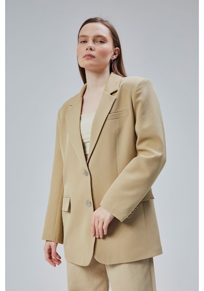 Kadın Oversize Düz Kesim Astarlı Dokuma Blazer Ceket Haki