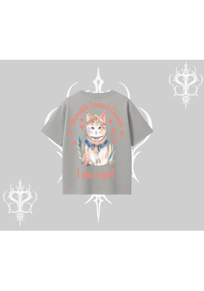 Tarzsokak Cute Princess Kedi Tasarımlı Arka Baskılı Oversize Tshirt Gri