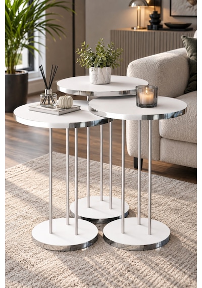 Sulorahome Gümüş Metal Ayaklı Beyaz 3'lü Zigon Sehpa Takımı