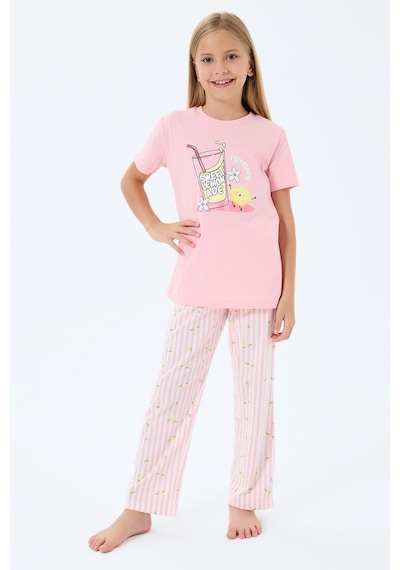 Rolypoly 3776 %100 Pamuk Kız Çocuk Kısa Kol Cepli Pijama Takımı Somon