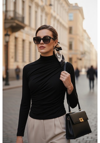 Lela Streç Büzgü Detaylı Slim Fit Dik Yaka Bayan Bluz 669925 Siyah