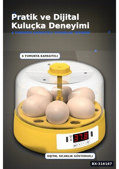 Kuluçka Makinesi 6 Yumurta Kapasiteli Otomatik Döndürmeli Ev Tipi Mini Bx-316167