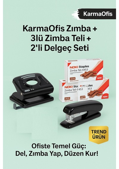 Zımba Makinesi + Sd H-20 Delgeç + 3 Lü Noki 24/6 Zımba Teli Seti Toplam 3000 Tel Çok Renkli