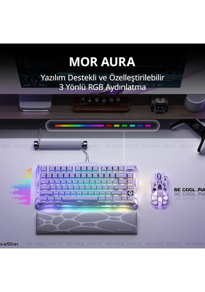Gravastar Mercury K1 Rgb Kablosuz Mekanik Gaming Klavye, İngilizce Q, Lavender Purple