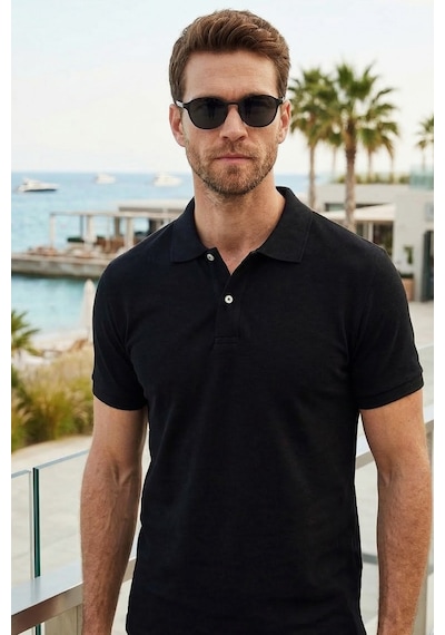 Tudors Erkek Slim Fit Dar Kesim Pamuklu Yumuşak Dokulu Serin Tutan Kumaş Düz Pike Polo Yaka Tişört-30765 Siyah