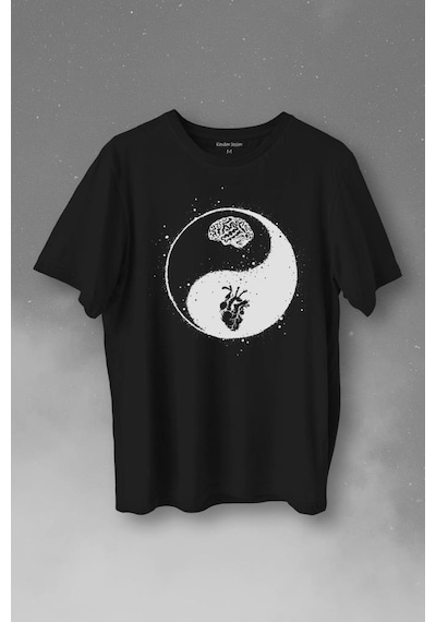 Ying Yang Kalp Beyin Yingyang Aşk Mantık Baskılı Tişört Unisex T-shirt 001