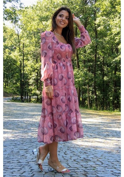 Neşeli Butik Kadın Pudra Gipeli Kare Yaka Desenli Şifon Elbise Nb100361 Pudra