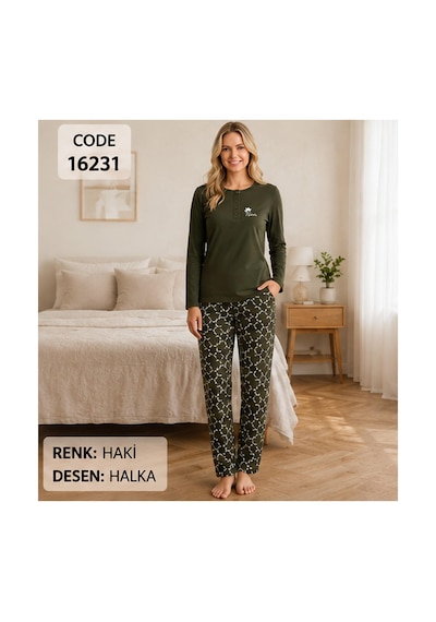 Melodi Kadın Standart Kalıp %100 Pamuk Düğmeli Yaka Uzun Kollu Baharlık Pijama Takımı 16231 - 1 Adet Haki Melodi Kadın Standart Kalıp %100 Pamuk Düğmeli Yaka Uzun Kollu Baharlık Pijama Takımı 16231 - 1 Adet Haki