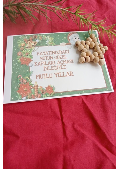 25 Adet Naturel Yıldız Anahtarlık - Ahşap Yıldız - Noel Baba Kart