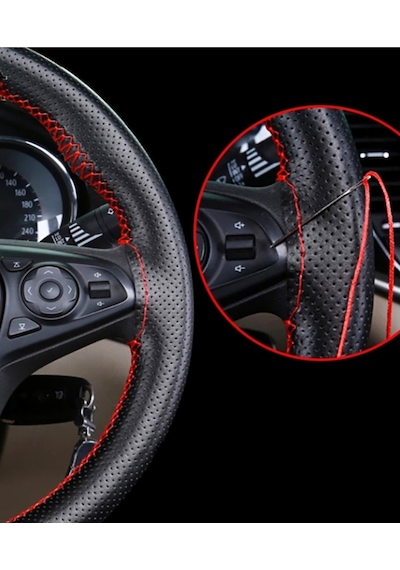 Fiat Albea Uyumlu Dikmeli Direksiyon Kılıfı Noktalı-kırmızı Ipli 38cm 11cm