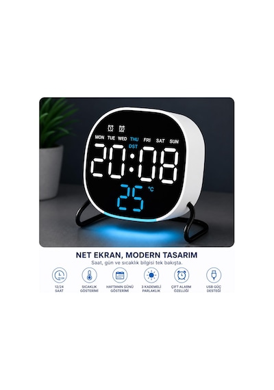 Valkyrie Led Dijital Masa Saati Mavi Derece Çift Alarm Sıcaklık Göstergesi 3 Kademe Parlaklık Modern Saat Beyaz