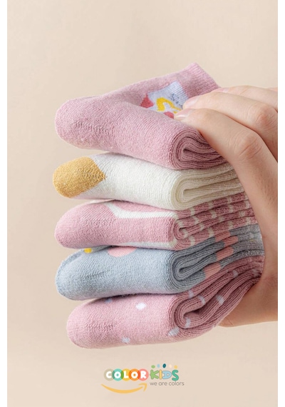 Color Socks 5 Çift Puantiyeli Desenli Kız Çocuk İçi Polarlı Kışlık Çorap Çok Renkli