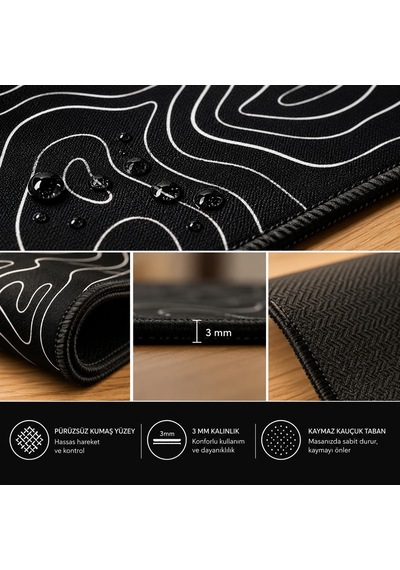 90x40 Cm Mouse Pad, Beyaz Topografik Kontur Desenli Büyük Mouse Pad, Kaymaz Kauçuk Tabanlı, Dikişli Kenarlı 3 Mm Klavye Ve Mouse Altlığı, Minimal Desk Mat
