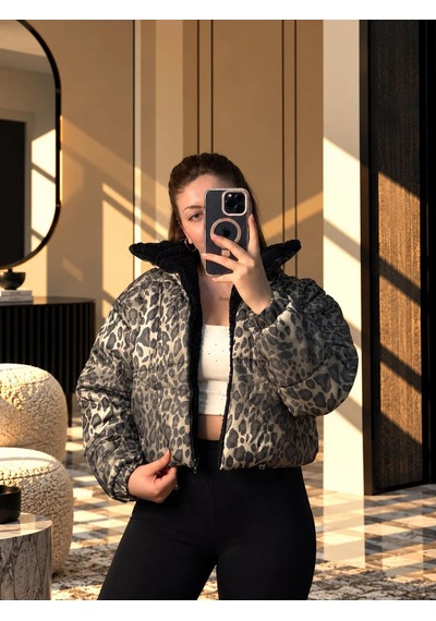 Elora Atelier Leopar Haki Peluş Yakalı Kapitone Mont