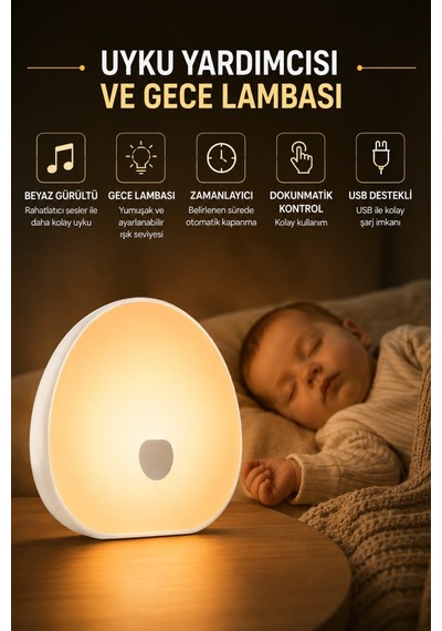 Polham Beyaz Gürültü Uyku Yardımcısı Ve Gece Lambası Dokunmatik, Zamanlayıcılı, Şarjlı, Bebek Uyku Yardımcısı