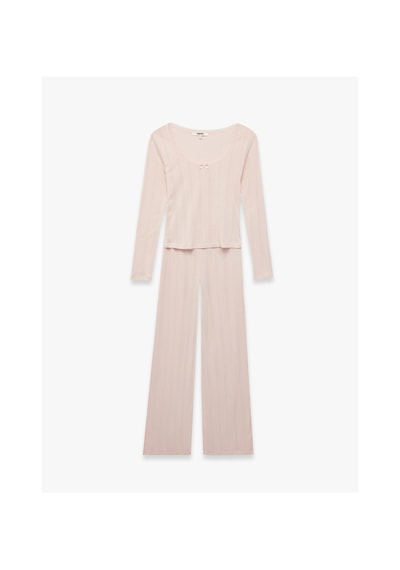 Koton Pamuklu U Yaka Fiyonk Detaylı Uzun Kollu Pijama Takımı Pembe 7wlk40212mk Gül