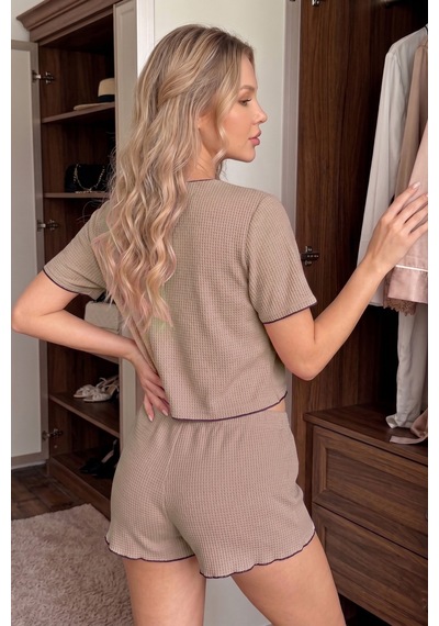 Bella Notte Vizon Kısa Kollu V Yaka Biye Detaylı Pijama Takımı