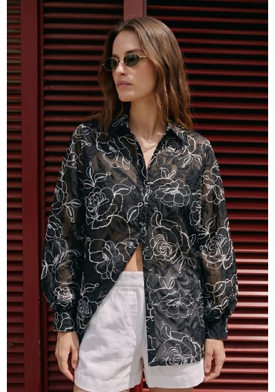 Sateen Nakış Detaylı Gömlek - Siyah-137497