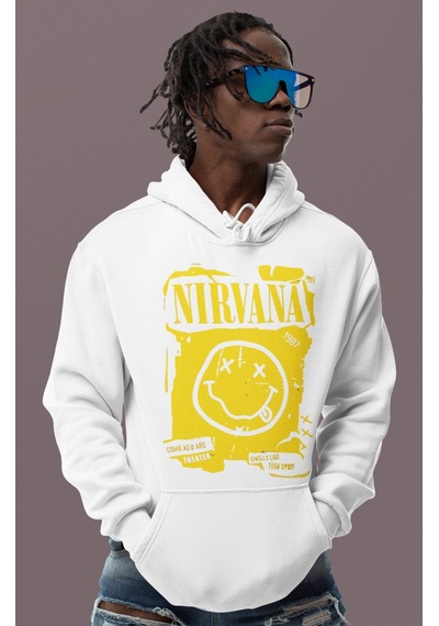 Sevbano Tasarım Nirvana Rock Metal Müzik Grubu Baskılı Unisex Oversize Ho beyaz
