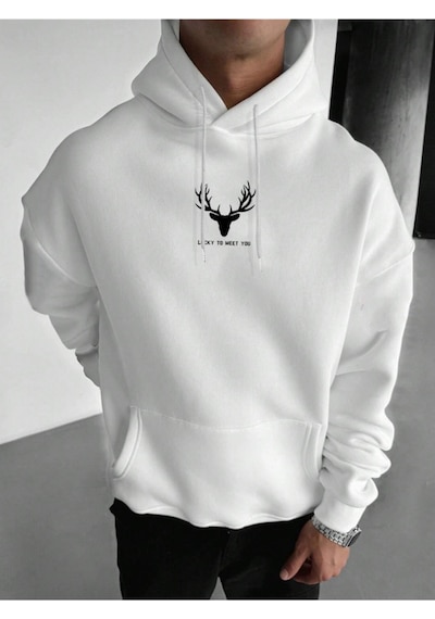 Startmore Beyaz Unisex Kadın/erkek Deer Renkli Özel Baskılı Pamuklu Oversize Kapüşonlu