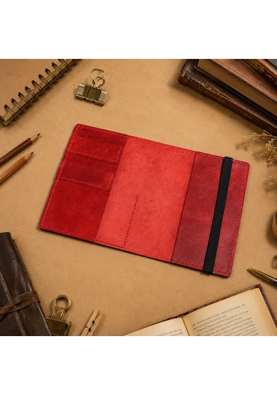 Bilikolik Hakiki Deri A5 Defter Kılıfı, El Yapımı, Telefon Cepli Ajanda Organizer, Defter Ve Kalem Dahil Kırmızı