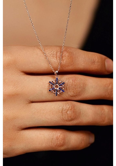 Safir Taşlı Rose Kar Tanesi Gümüş Kolye