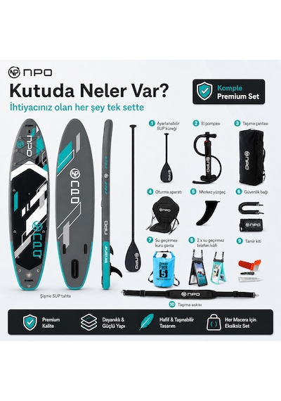 Npo Aqua Gray 350x84x15cm Şişme Military Sup Paddle Board 196kg Kürek Pompa Çanta Koltuklu Full Set
