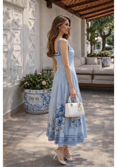 Asprinfashion Yan Büzgülü Kare Yaka Elbise Mavi