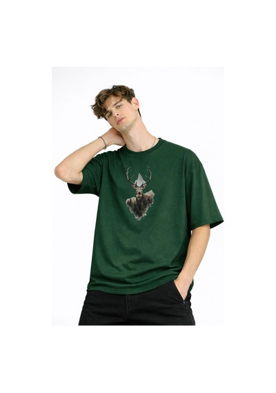 Misa Tahtakale Deer - Oversize Erkek Tişört Hakı Çok Renkli