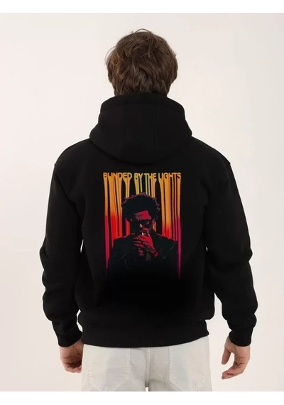 Yake Store Unisex Baskılı Oversize Üç İplik Kapüşonlu Sweatshirt - Siyah - Siyah