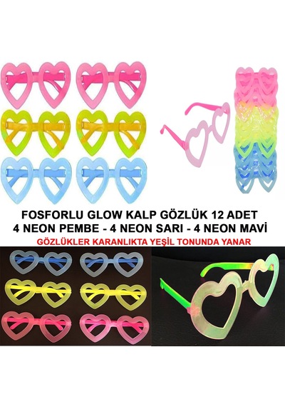 Fosforlu Kalp Model Glow Parti Gözlüğü Karanlıkta Yanan Gözlü N712