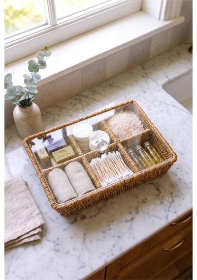 6 Bölmeli Rattan Düzenleyici Organizer Bitki Çayı Sepeti Şeffaf Kristal Kapaklı Rattan Saklama Kutusu Çay Poşeti Organizeri Kristal Kulplu 24,5 X 17 X 10 Cm Kahverengi Kahverengi